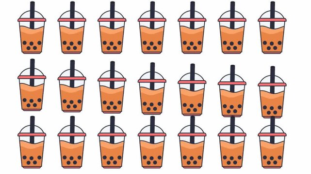 Flat vector animation of multiple bubble tea cups with moving pearls on a white background.