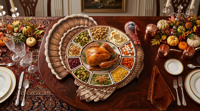 Abundant Thanksgiving harvest meal with multiple servings of potatoes, carrots, and rolls on a polished wood surface