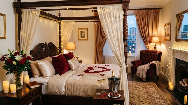 Romantic four poster bed decorated with red rose petals arranged in a heart shape featuring chilled champagne and fresh strawberries on a table for an intimate couple getaway night surprise.