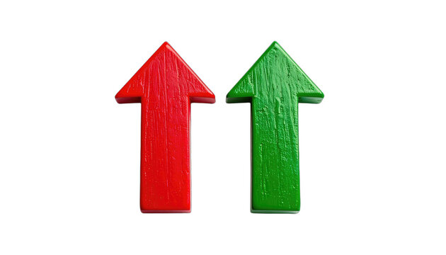 A vibrant depiction showcases a red and a green arrow pointing upwards against a stark black background.