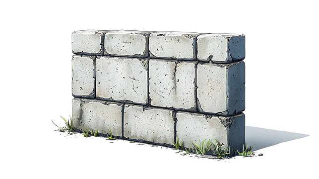 Concrete Block Wall Construction: A sturdy wall constructed from weathered concrete blocks, showing signs of wear and tear, with tufts of grass growing at its base.