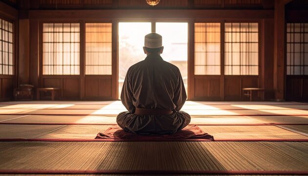 A serene figure meditates in a sunlit room, casting calming shadows across a traditional mat