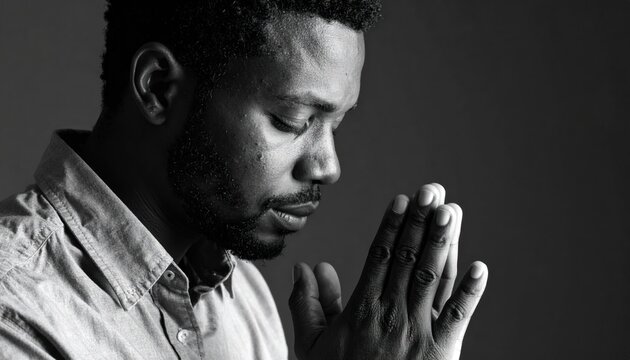 A contemplative person with closed eyes and clasped hands, appearing to be in deep thought or prayer