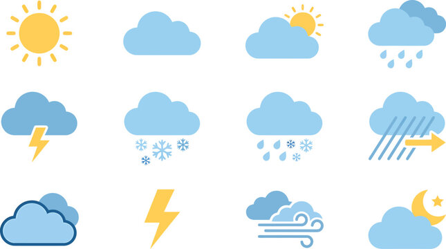 Set of flat weather icons featuring sun clouds rain snow lightning and wind for meteorological forecasting and digital interface design