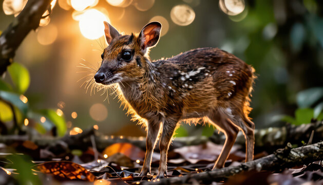 A small deer stands among leaves in a forest. The deer has a spotted coat and is illuminated by sunlight filtering through trees.