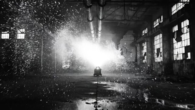 Dramatic shot of sparks and smoke billowing from machine in industrial warehouse setting