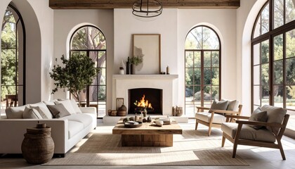 Naklejka premium Elegant living room with a modern fireplace, neutral furniture, large windows, and natural decor
