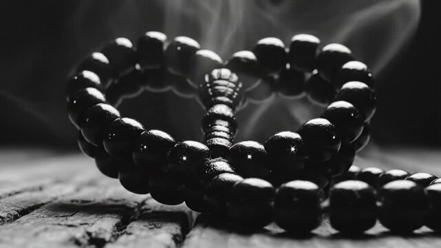 Black and white close up of a wooden prayer beads rosary on a rustic wood surface with ethereal smoke
