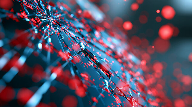 Close-up of shattered glass reflecting red and blue light with scattered code fragments, data breach concept, cybercrime visualization, digital security vulnerability symbol,