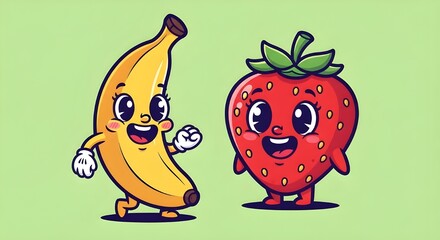 Naklejka premium Banana and Strawberry Cartoon Fruit Duo