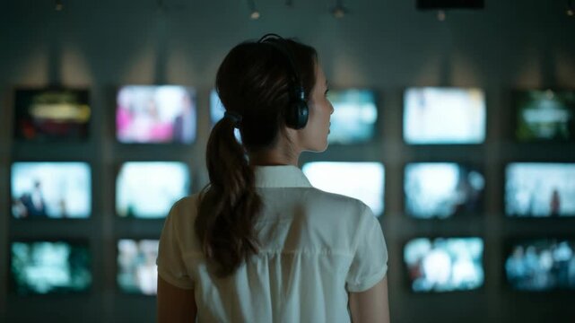 Monitor Room Control Center with Woman Watching Multiple Screens Surveillance