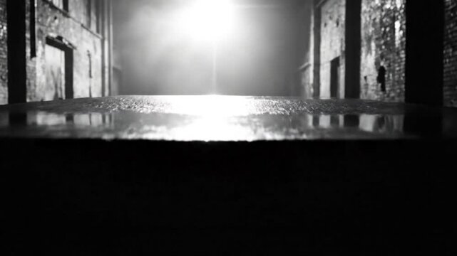 Low Angle Perspective of a Table in a Dark, Wet Alleyway Under a Bright Streetlight, Atmospheric Scene