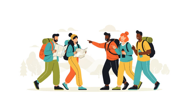Diverse group of friends hiking and exploring together on a scenic trail with backpacks and maps, enjoying outdoor adventure