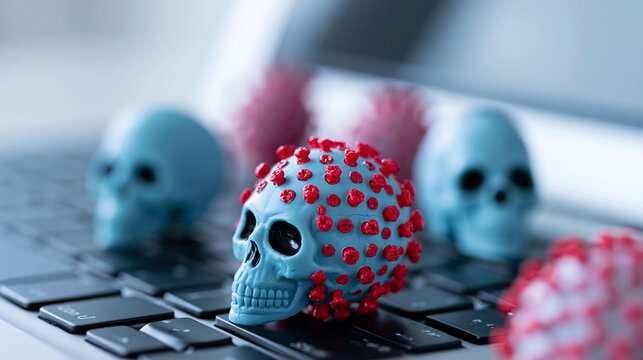 Close-up of skull-shaped virus models resting on a laptop keyboard, malware threat concept, digital virus symbol, cybersecurity danger visualization, defocused background, with
