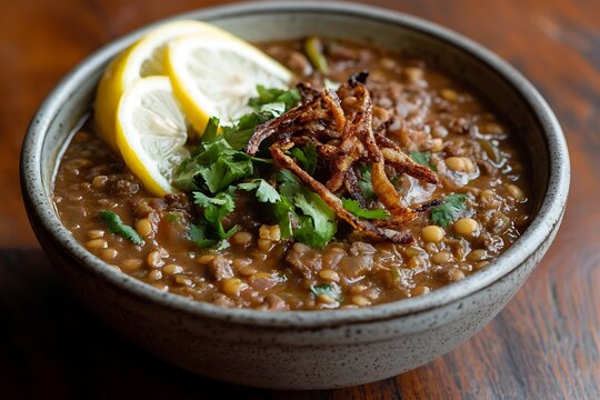 A hearty bowl of haleem, thick lentil and meat stew, topped with fried onions, green chilies, and lemon slices 