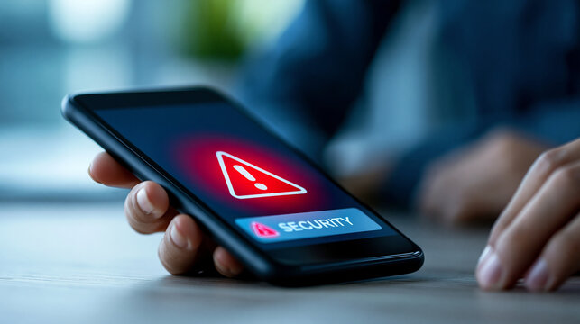 Close-up of a smartphone screen displaying a security warning notification with red alert icons, mobile cybersecurity concept, scam virus attack notification, network protection