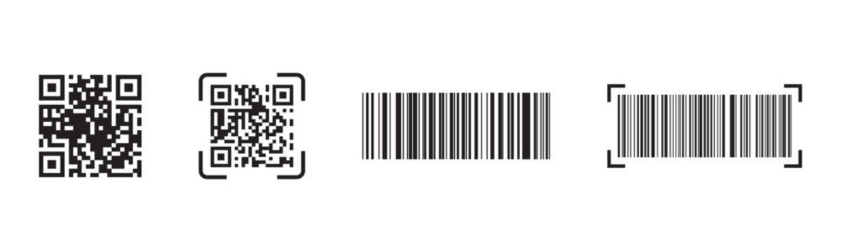 Black and white qr code and barcode set. Minimal black and white qr code and barcode collection for modern digital communication scanning systems and ecommerce platforms.