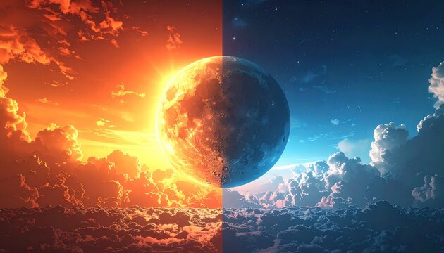 Fiery and serene planet split in half, showcasing contrasting environments.