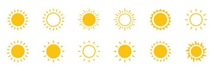 Set of yellow sun icons with various styles and ray patterns. Perfect for weather apps, summer themes, travel graphics, UI elements, and climate or sunlight vector icons. © Oliver Vandenberg