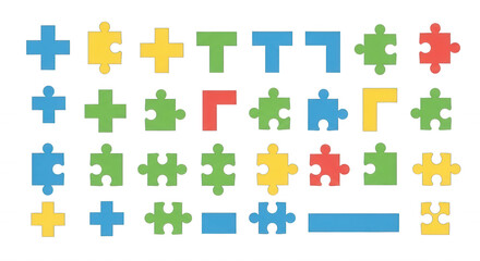 Naklejka premium Assorted interlocking puzzle pieces and geometric shapes in bright colors against a plain surface