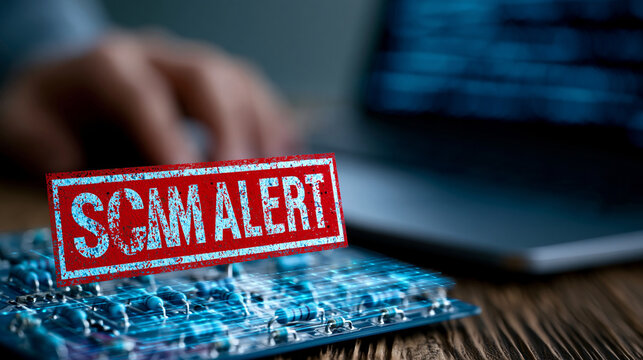 Close-up of a distressed scam alert text on a circuit board and code web background, cyber fraud awareness concept, digital virus warning design, online crime alert, defocused