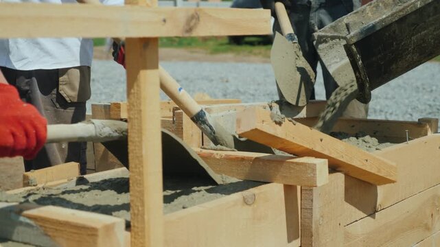 Builders pouring fresh cement into wooden formwork using shovels at construction site.