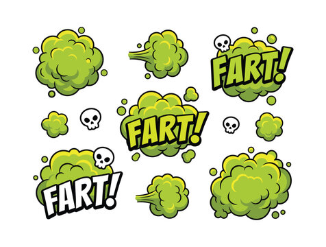 Cartoon Fart Gas Clouds with Comic Text and Skulls. Toxic Green Smell Vector Illustration.