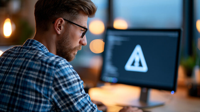 Rear view of a man working on a computer at night with a triangle caution warning appearing on screen, late-night security alert concept, developer warning sign, system