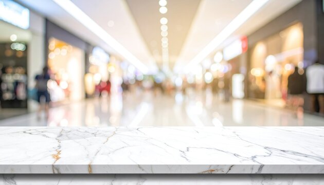 Marble surface overlooks a bright, blurred shopping mall interior with storefronts and people in the distance