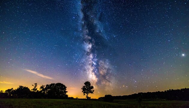 Vibrant night sky with milky way above silhouette of trees and distant horizon under a starry expanse
