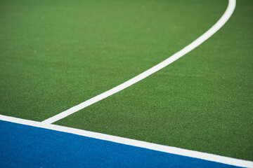 Obraz premium Sports, lines and astro turf for hockey with practice, match or tournament challenge outdoor. Closeup, pattern and artificial pitch or field for fitness game, contest or competition with training.