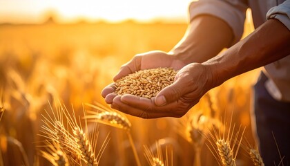 Naklejka premium Hands holding wheat grains in a sunlit field, surrounded by golden crops and warm glow