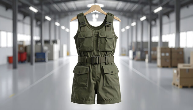 Military dress with cargo pockets and straps hanging in a warehouse with industrial lighting and durable olive green fabric textures generative AI