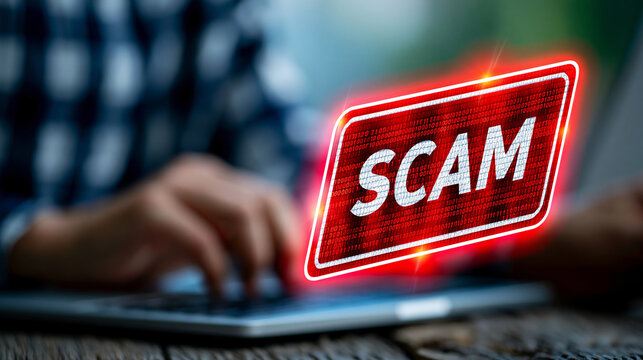 Close-up of a digital risk alert with scam text as a cautionary message, phishing and online deception concept, internet crime awareness, growing cyber threat visualization,