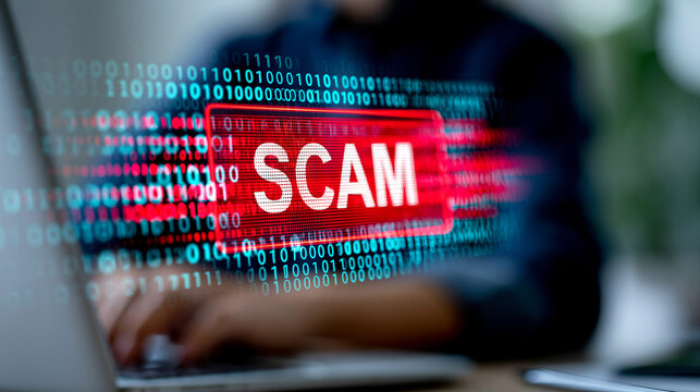 Close-up of a digital risk alert with scam text as a cautionary message, phishing and online deception concept, internet crime awareness, growing cyber threat visualization,