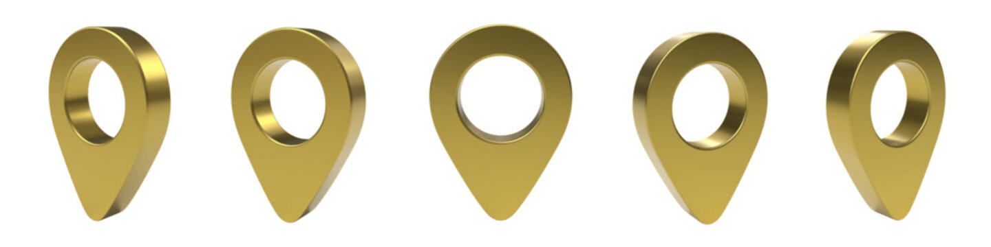 Vector set of golden map pointer pin shown from different angles and in positions. Glossy symbol, isolated 3d render. Realistic luxury gold metallic 3d location icon for navigation, GPS, direction.
