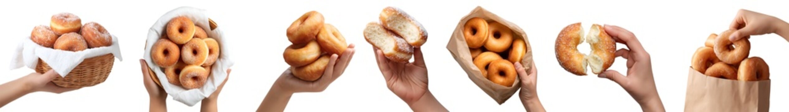 Set of hand holding powdered sugar glazed donut doughnut, bitten broken halved pile group stack, brown paper bag, Rattan basket with napkin, transparent cutout PNG. Many style Mockup