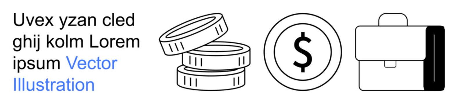 Finance, banking, business strategy, investment, savings, money management. Stacked coins, dollar sign and briefcase icons are displayed. Finance and banking concept