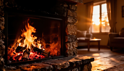 Obraz premium The cozy living room features a stone fireplace with a warm, dancing fire. Natural light from the window highlights the inviting atmosphere associated with the fire.