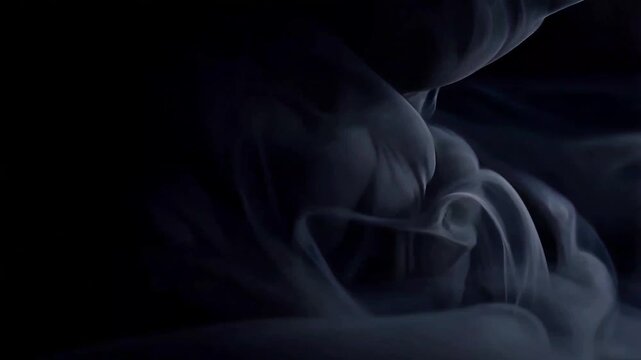 Slow-motion cinematic gray smoke or ink swirling elegantly against a solid black background