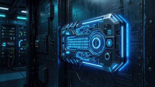 Blue neon futuristic car dashboard with digital speedometer