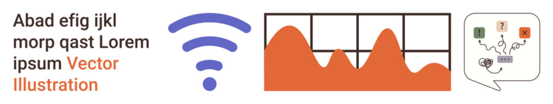 Wireless networking, data analytics, teamwork, collaboration, communication tools, digital presentation. Features a wireless signal, graph and icons in a speech bubble. Wireless networking and data