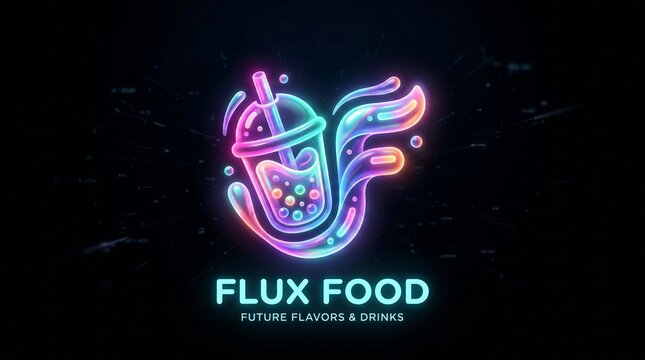 A futuristic neon bubble tea logo with a dynamic splashing liquid effect