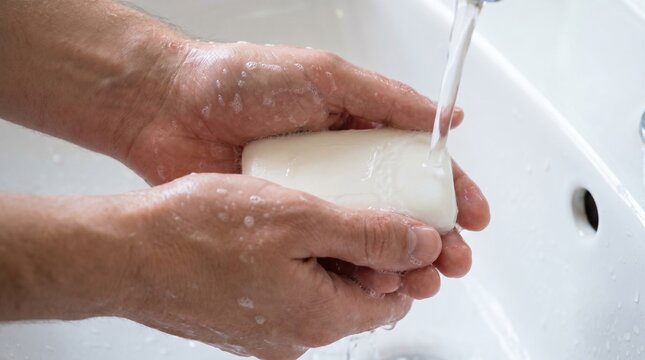 Hands lathering soap bar under running water in bathroom
