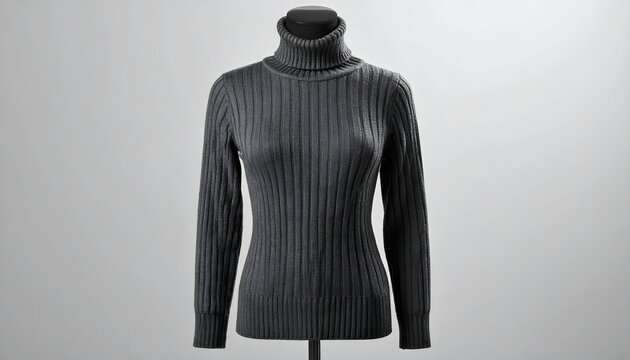 Turtleneck sweater made of fine gauge ribbed knit on a bust form against a dark background featuring cashmere fiber details generative AI