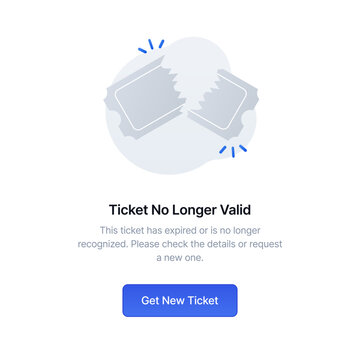 A torn paper ticket in two pieces, symbolizing an expired or invalid status for event booking and entry pass app interfaces. Vector illustration.