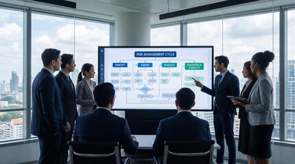 Fototapeta na wymiar Business team discussing risk management strategy in modern office with city view