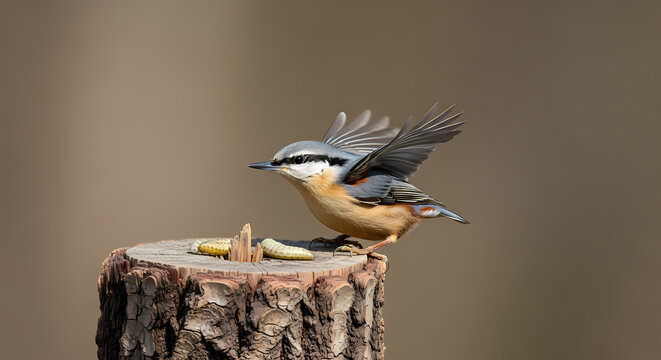 Small nuthatch bird perched on a tree stump.