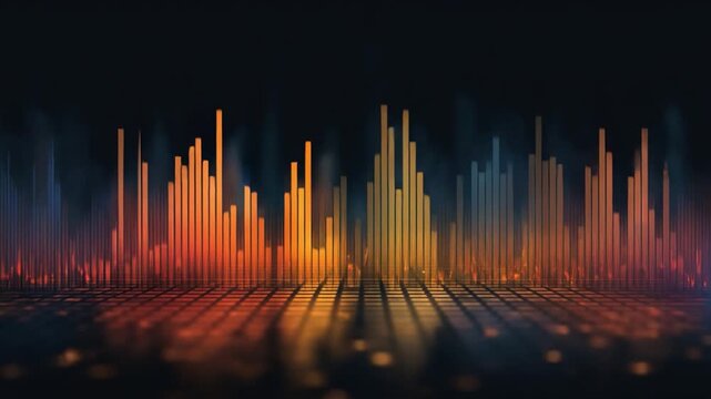 Digital Soundscape: A vibrant, abstract representation of sound waves, visualized as colorful columns rising from a dark, textured base.