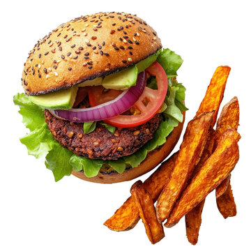 Close Up Of Delicious Vegetarian Burger With Sesame Bun Fresh Vegetables and Sweet Potato Fries Isolated on Transparent Background